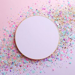 Pastel circle frame on a bed of colorful sprinkles