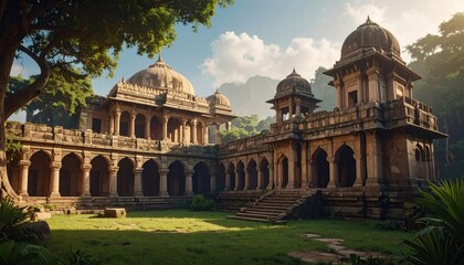 Ornate Stone Temple Courtyard with Arches and Domes Under Sunny Skies Lush Greenery and Soft Light
