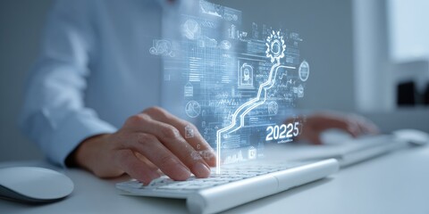 Person typing on keyboard, holographic projections of charts and graphs, 2022-2025