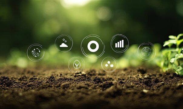 Blurred image of fertile soil with overlaid icons, suggesting sustainable farming