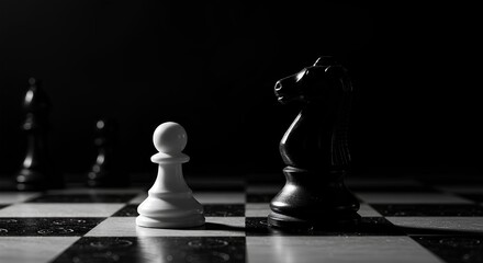 Dramatic black and white photo of a white pawn facing a black knight on chessboard, symbolizing strategy, challenge, power dynamics, business decisions, or competition concepts