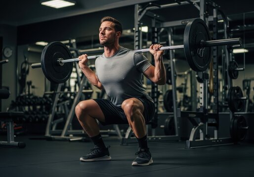 Strong man lifts heavy barbell during squat exercise