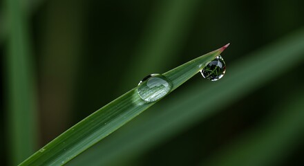 Close up of water droplets on a green leaf against a blurred dark background
