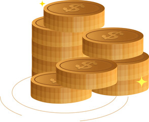 Gold coins rising with US dollar currency symbols isolated on a white background. Stacks of shiny money coins. Business and finance concept design element.