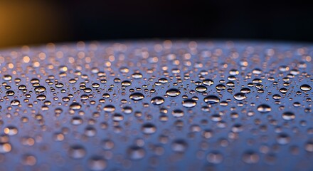 Close up of water droplets on a reflective surface with soft focus background