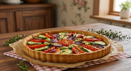 Delicious vegetable tart on wooden table natural light culinary presentation