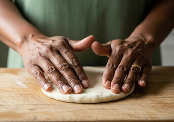 Fototapeta premium Skilled baker uses hands to knead smooth dough on wooden surface, preparing homemade bread in kitchen with careful attention and gentle pressure for perfect texture