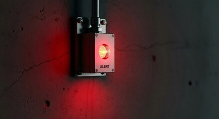 Red flashing alert danger light on concrete wall. Warning system for security, alarm, and emergency. Control technology concept.