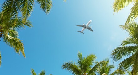 Airplane flying high above tropical palm trees against bright blue sky