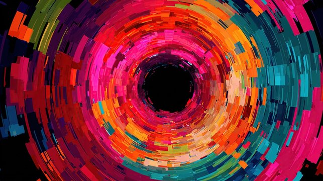 Colorful geometric shapes spiral inward toward a dark central point, abstract style