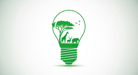 World Wildlife Day Green energy concept Silhouette of a lightbulb filled with nature, animals, and trees, symbolizing ecological balance and sustainability