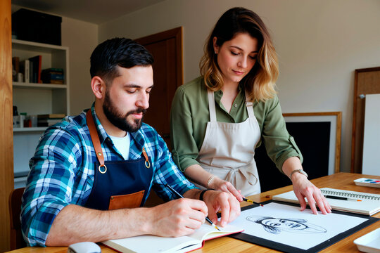 Caucasian young adult man sketching in notebook while Caucasian young adult woman standing beside him drawing on digital tablet, both wearing aprons and working together at table