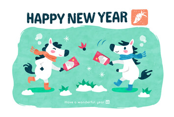 年賀状（午年） 羽根つきをする馬 冬のかわいい系テンプレート