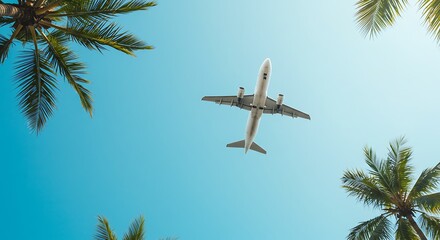 Airplane flying overhead underneath tropical palm trees against clear blue sky