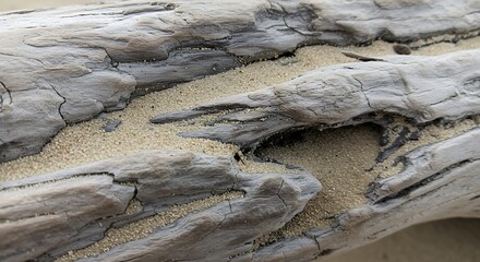 Close up of weathered driftwood with sand in cracks natural textures