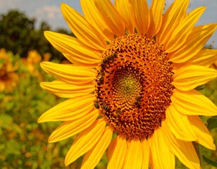 Obraz premium Close-up of a sunflower with busy bees