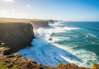 Fototapeta premium Coastal cliffside landscape with ocean wave and clear blue sky