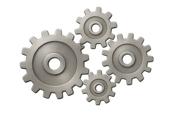 Metal gears and cogs connecting, representing teamwork, process, and industrial engineering system, transparent background