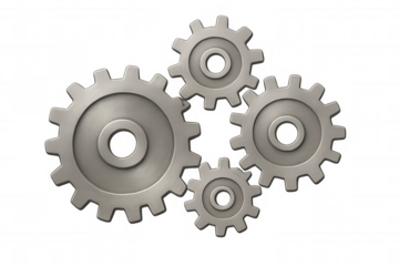 Metal gears and cogs connecting, representing teamwork, process, and industrial engineering system, transparent background