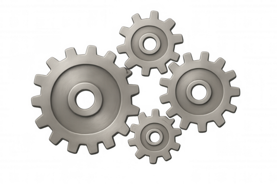 Metal gears and cogs connecting, representing teamwork, process, and industrial engineering system, transparent background
