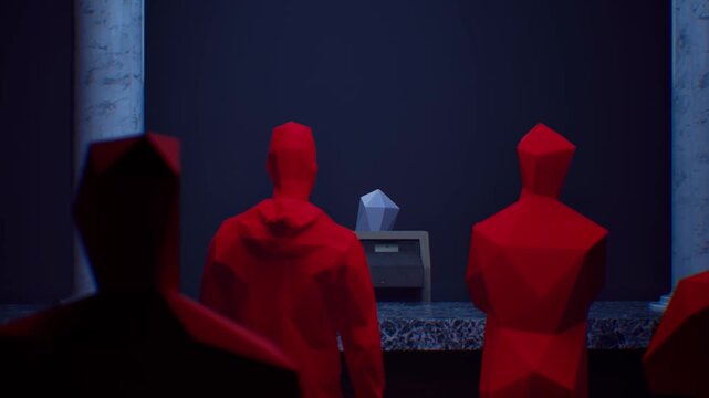 faceless figures as people waiting in bank queue cinematic 3d scene