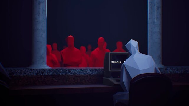faceless figures as people waiting in bank queue cinematic 3d scene