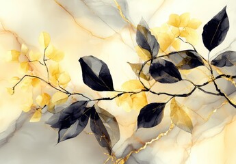 A delicate arrangement of yellow blossoms and dark leaves, accented by gold accents, rests gracefully against a backdrop of marble-like textures.