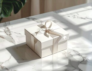 A small, elegant white gift box with a delicate ribbon sits on a polished white marble table, bathed in soft sunlight and shadows.