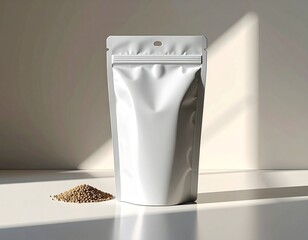 A blank white stand-up pouch mockup next to a pile of seeds on a white surface with natural sunlight and shadows.