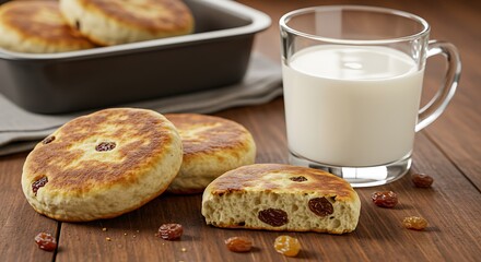 Delicious welsh cakes with milk in a glass on a wooden table setting
