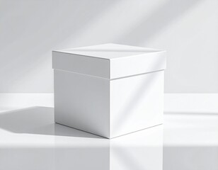 A minimalist white square box with a lid sits on a reflective surface with soft shadows.