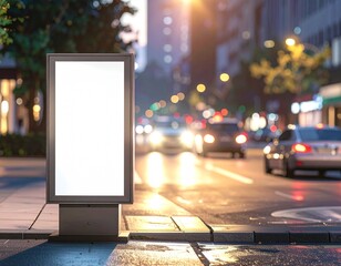 An illuminated blank billboard stands on a city street at dusk, ready for advertisement.