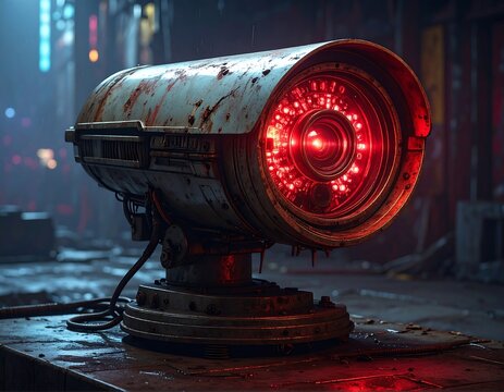Futuristic Surveillance Device in a Grungy, Industrial Setting with Red Glowing Lens - Powered by Adobe