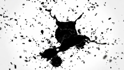 An energetic and abstract splash of viscous black ink suspended in motion against a stark white isolated background - Powered by Adobe