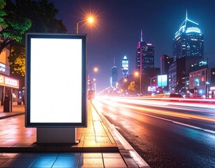 Illuminated billboard stands on a city sidewalk at night with blurred traffic lights.