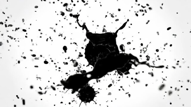 An energetic and abstract splash of viscous black ink suspended in motion against a stark white isolated background