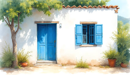 Fototapeta premium White House Wall with Blue Open Window
