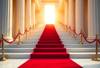 Fototapeta premium Luxurious red carpet stairs with golden ropes create a glamorous entrance for celebrities and VIPs. Perfect for award ceremonies, gala events, premieres, theatre, and festive celebrations.