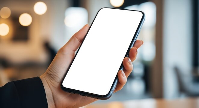 Close up of a hand holding a smartphone with a blank white screen.