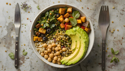 Bowl filled with sliced avocado, chickpeas, and a variety of colorful vegetables served as a vegetarian healthy meal on rustic wooden dining table