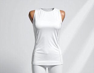 A sleeveless white athletic performance tank top for women displayed on a mannequin against a plain background.