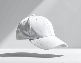 A clean white baseball cap floats in the air, casting a soft shadow on a white surface with dramatic lighting.
