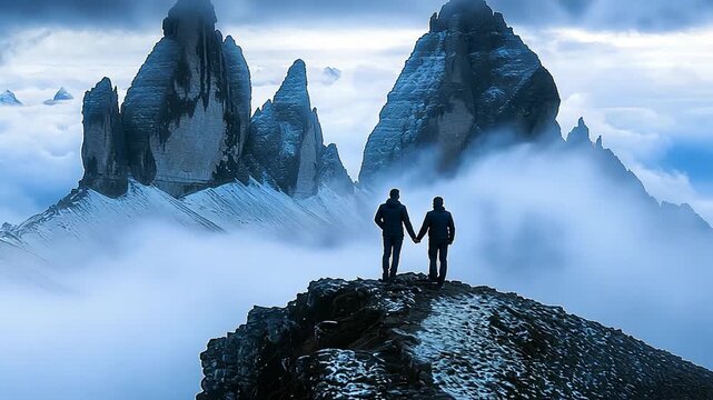 Couple holds hands on snowy mountain peak with admiring dramatic alpine landscape for travel adventure emotional connection nature exploration romantic concept - Powered by Adobe