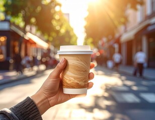 A hand holds a disposable coffee cup in the warm sunlight on a city street with blurred background.
