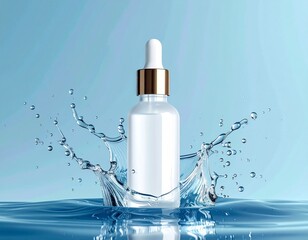 Cosmetic serum bottle with a dropper, surrounded by water splash, on a blue background.