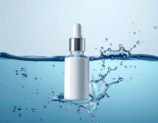 Serum bottle with dropper in water splash on blue background.