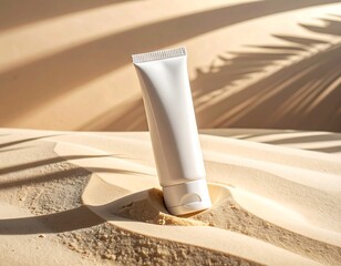A white tube of sunscreen stands upright in the sand, casting a shadow on a warm, sandy background with palm leaf shadows.