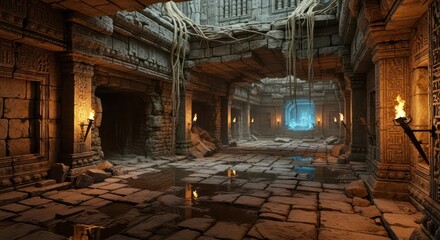 Ancient Temple Interior with Glowing Portal and Torches.
