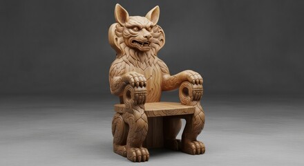 A unique wooden throne chair intricately carved into a fierce wildcat figure against a grey background.