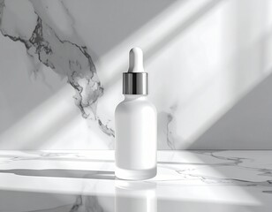 Minimalist Frosted Dropper Bottle Mockup on Marble with Sunlight Shadows, Ideal for Skincare and Cosmetic Product Displays